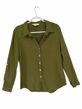 Magnolia Grace Olive Green Button Down Shirt Roll Tab Sleeves  Blouse Size Small